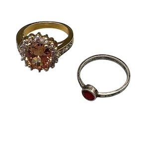 Gold-Tone Orange Crystal Halo Ring & vintage Silver Accent Red Gem Ring Set